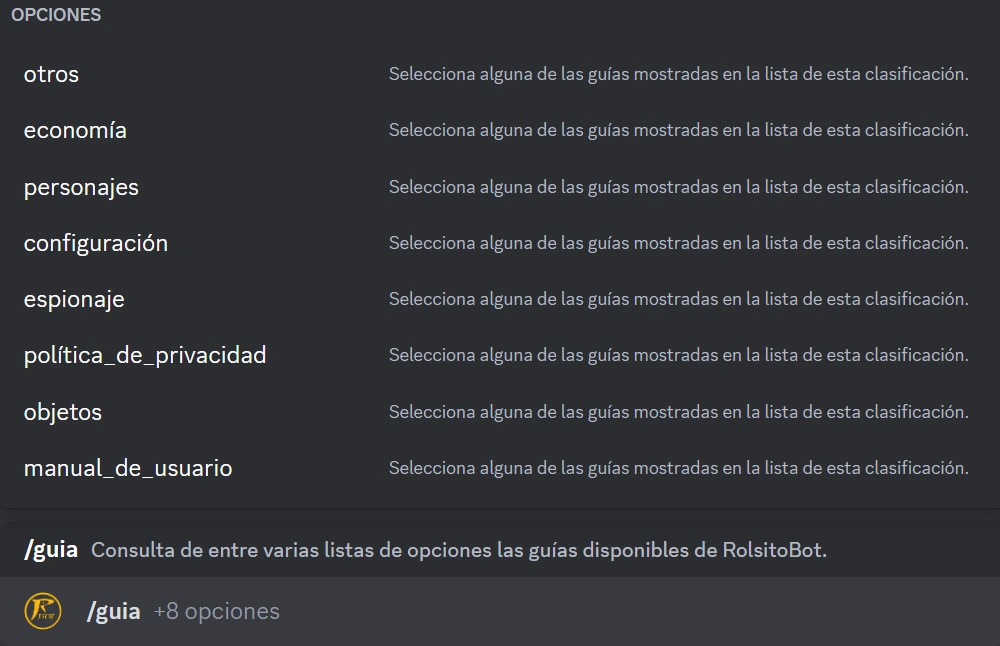 Comando para obtener guías y ayuda en RolsitoBot dentro de Discord