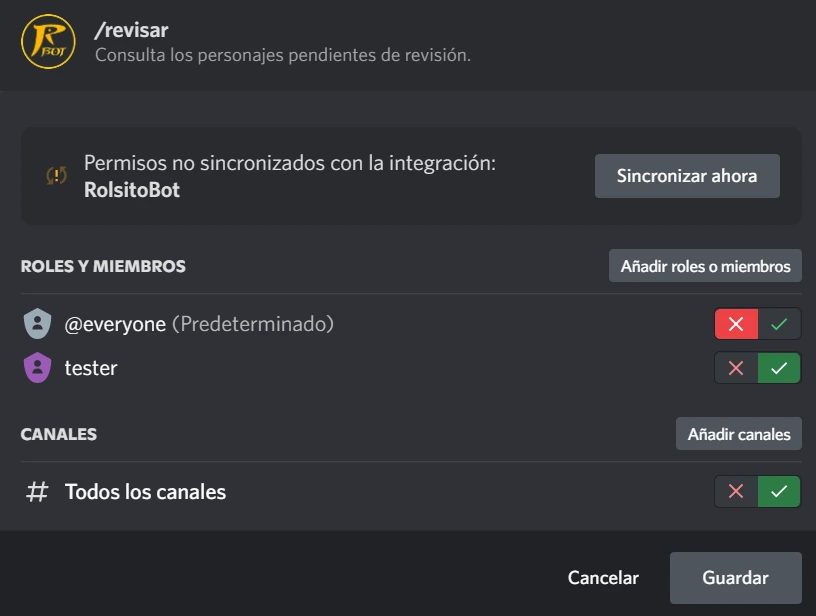 Configuración de permisos para comandos en RolsitoBot en servidores de Discord